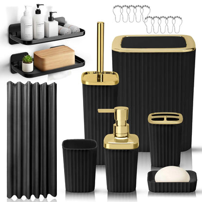 Contemporary Black/White 8pcs Bathroom Accessory Set - Shower Curtains, Rugs, Soap Dispenser, Soap Bar Dish, Toilet Brush Holder, Hook, Wipe, Toothbrush Holder for Moving or Vacation Gifts