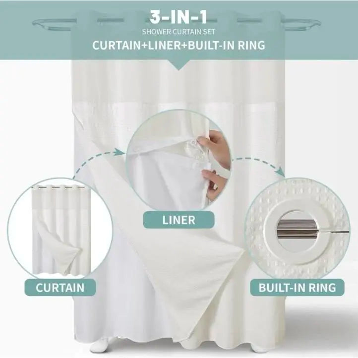 No-Hook Waffle Pattern Modern Waterproof Fabric Shower Curtain with Snap-In Liner, Light Home Bathroom Accessory Set for Hanging Window Use