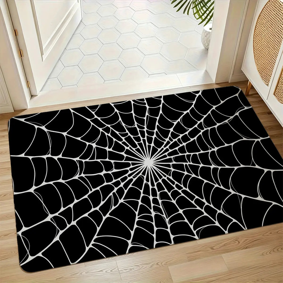 Black & White Spider Web Bath Mat, Flannel Floor Rug for Bathroom, Bold Halloween Home Decor for Shower Tub Bedroom Entryway Dorm Room, Seasonal Housewarming Birthday Christmas Gift