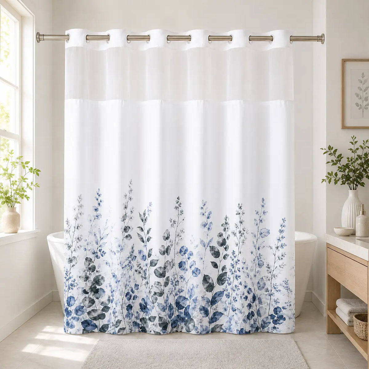 Hookless Shower Curtain Set with Snap-in Liner, Pink Double Layer Floral Botanical Design, Sheer Top Window, 72x75 Inch Waterproof Washable Bathroom Curtain,