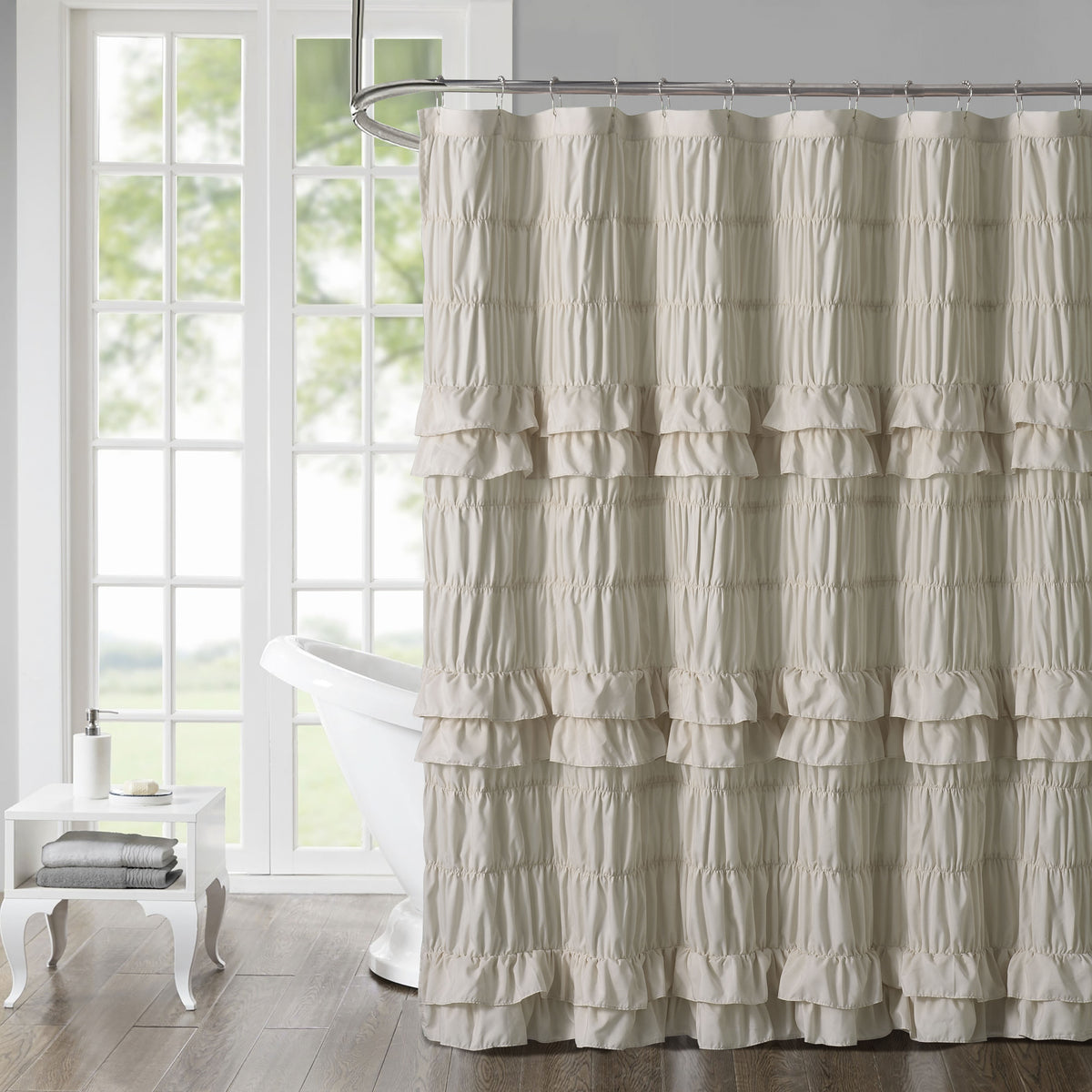Ruffled Smocked Shower Curtain 72x72 Inch Farmhouse Shabby Chic Bathroom Decor Waterproof Fabric with Tiered Ruffles and Elastic Stretch