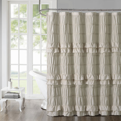 Ruffled Smocked Shower Curtain 72x72 Inch Farmhouse Shabby Chic Bathroom Decor Waterproof Fabric with Tiered Ruffles and Elastic Stretch
