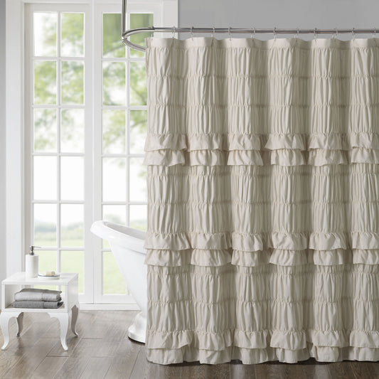Ruffled Smocked Shower Curtain 72x72 Inch Farmhouse Shabby Chic Bathroom Decor Waterproof Fabric with Tiered Ruffles and Elastic Stretch