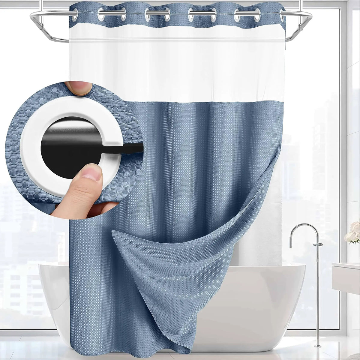 Hookless Shower Curtain and Liner Set - Snap-In Hooks, Plastic Fast-Dry Fabric, Waffle Pattern, Waterproof, Mildew-Blocking, Modern Aesthetic Home Bathroom Accessory