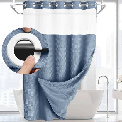Hookless Shower Curtain and Liner Set - Snap-In Hooks, Plastic Fast-Dry Fabric, Waffle Pattern, Waterproof, Mildew-Blocking, Modern Aesthetic Home Bathroom Accessory