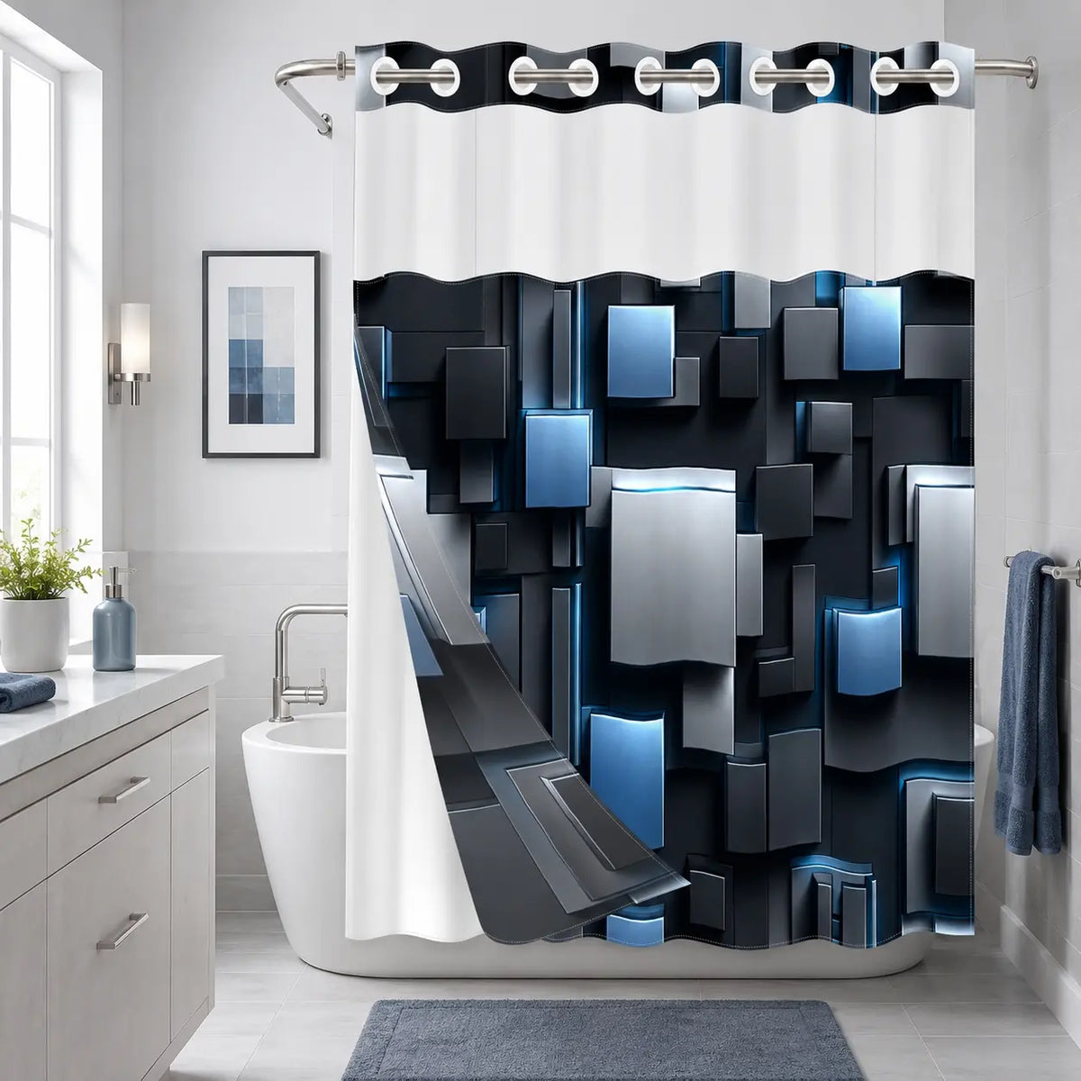 1Pc Hookless Double Layer Shower Curtain, With Removable Snap-in Liner, Black Brown 3D Geometric Block Print, Modern Luxury Bathroom Decor Curtain, Water Repellent Washable Fabric, with Top See-Through Window