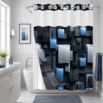 1Pc Hookless Double Layer Shower Curtain, With Removable Snap-in Liner, Black Brown 3D Geometric Block Print, Modern Luxury Bathroom Decor Curtain, Water Repellent Washable Fabric, with Top See-Through Window