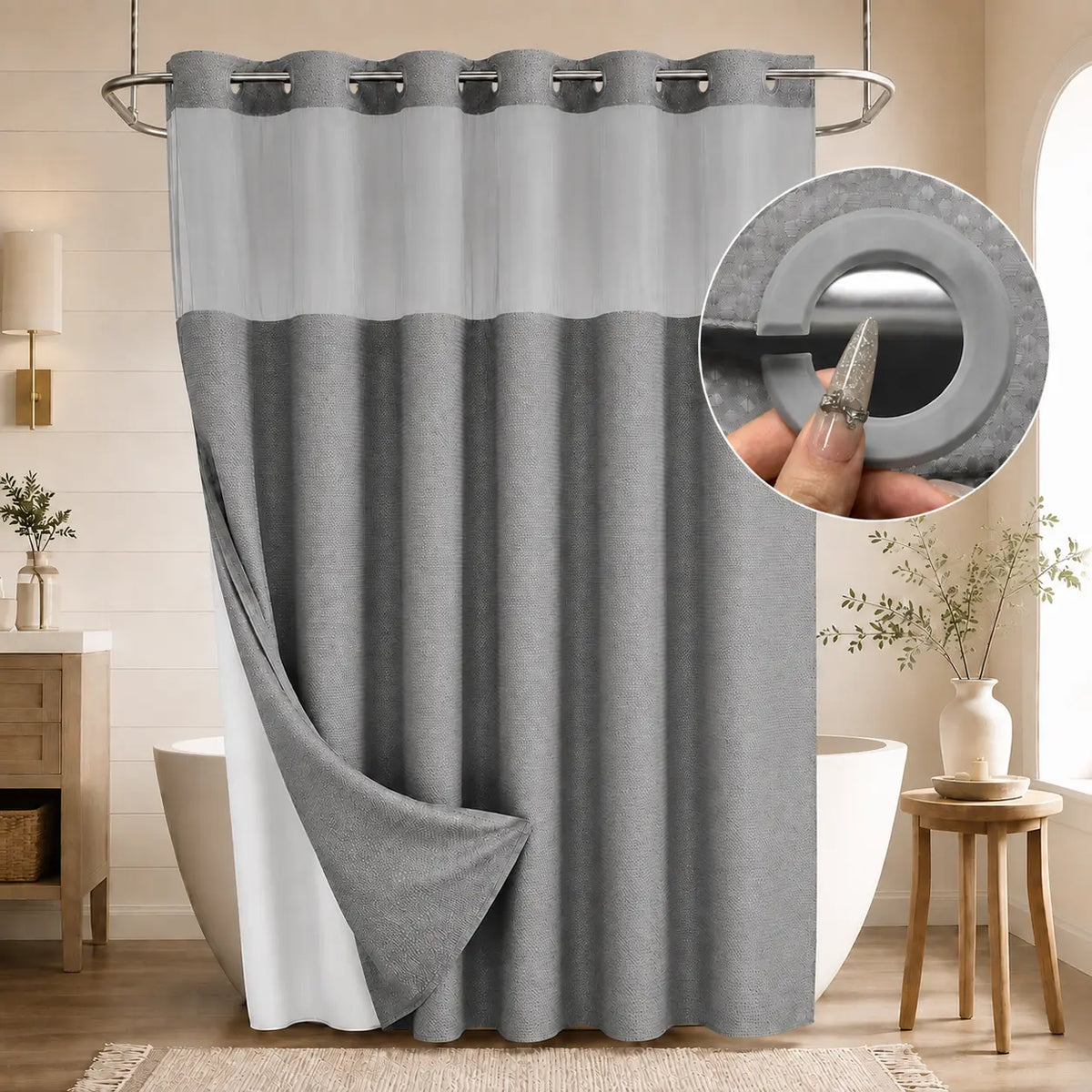 Double Layer Waffle-Pattern Shower Curtain - No Hook Snap-in Liner,  Waterproof Inner & Washable White Outer Cloth, Modern Bathroom Accessory for Home/Hotel/Salon/Dorm, 72x75 Inch