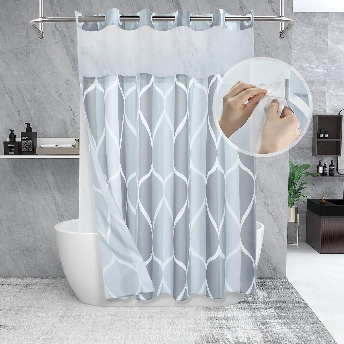 Double-Layer Waterproof Printed Machine Washable Shower Curtain, 1-Count Modern Geometric Bathroom Curtain with Removable Inner Lining, Shower Curtain Liner, Bathroom Decor Supplies, Home Goods, Bathroom Curtains Shower