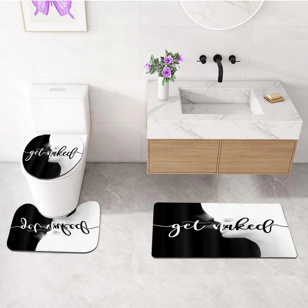 4pcs Leopard Print "Get Naked" Shower Curtain Set, Black Background Sassy Quote,  The floor mat fabric is thicker and softer! Bold Trendy Bathroom Decor And Accessories, Curtain & Rugs Combo, Perfect for Festive Glam Vibe