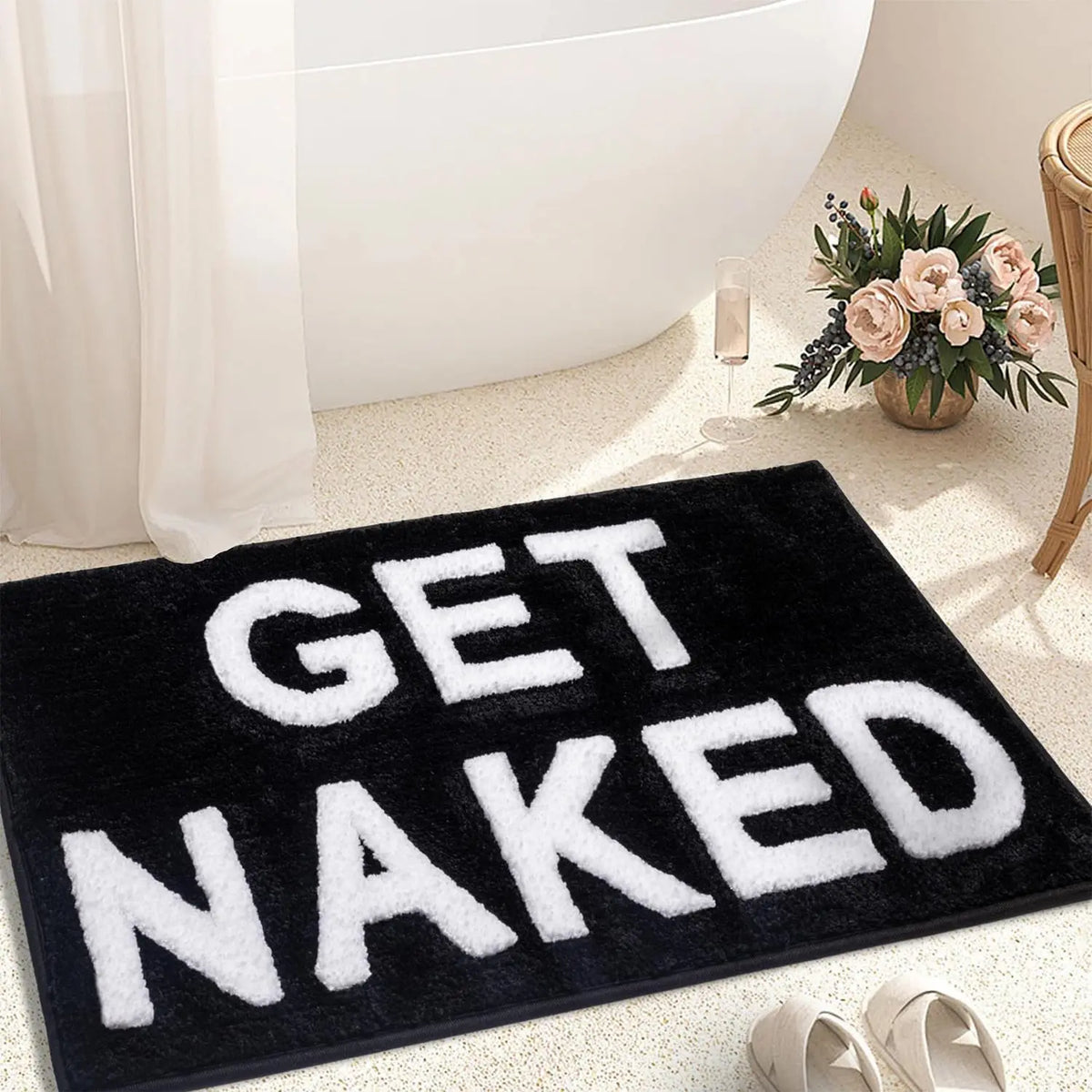 Black and White Microfiber Bath Mat - Home Supplies Floor Liners Bath Mats, Modern Non-Slip, Water Absorbent, Super Soft, Machine Washable, Low Effort, "GET NAKED" Text Print for Vanity Bathroom Decor (From Bathroom to Living Room), Soft Absorbent Mats, S