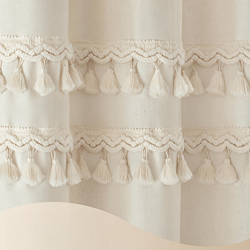 1pc High-GSM Blend Three-Layer Tassel Lace Shower Curtain, Home Decor Curtain, Bathroom Curtain, Includes Matching Hooks