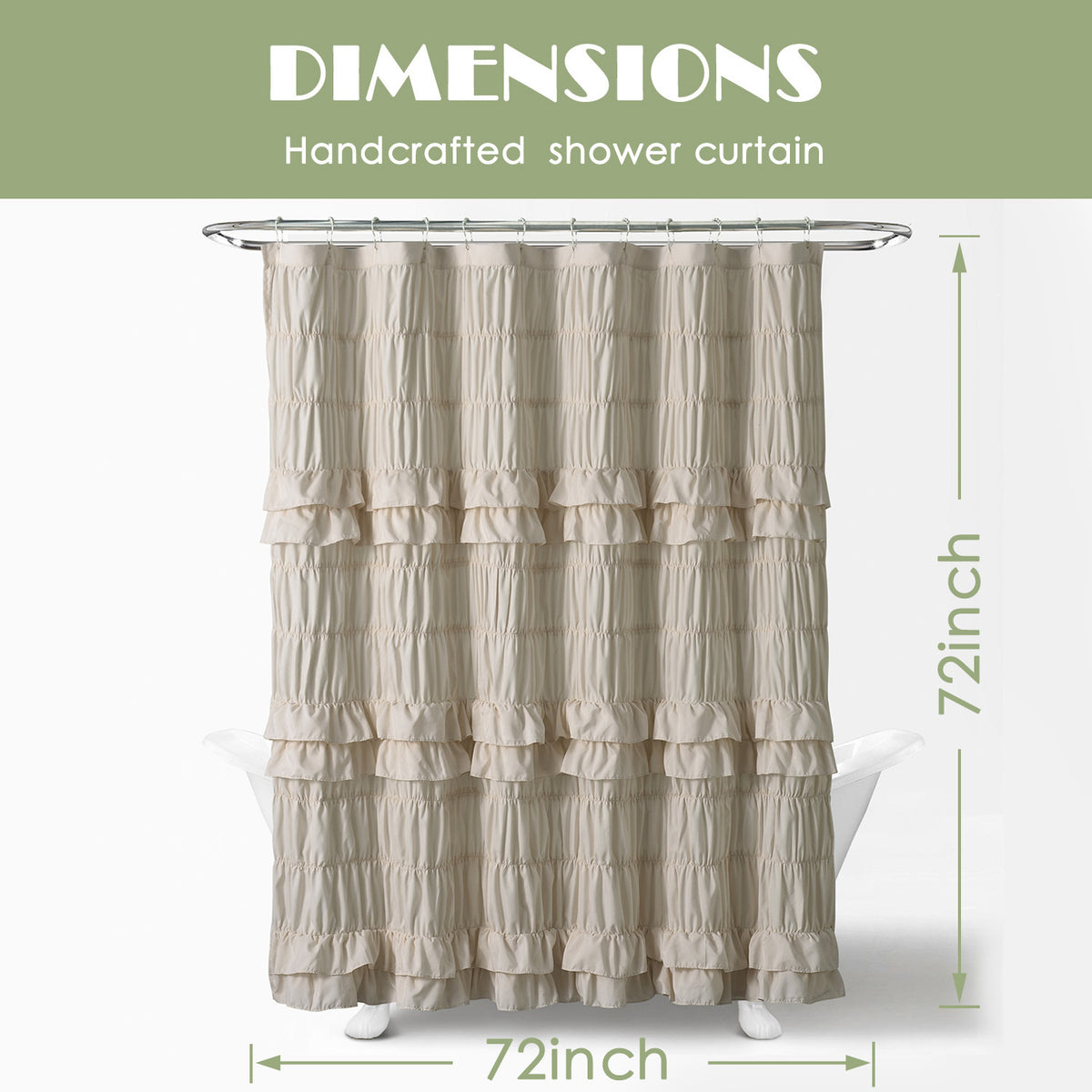 Ruffled Smocked Shower Curtain 72x72 Inch Farmhouse Shabby Chic Bathroom Decor Waterproof Fabric with Tiered Ruffles and Elastic Stretch