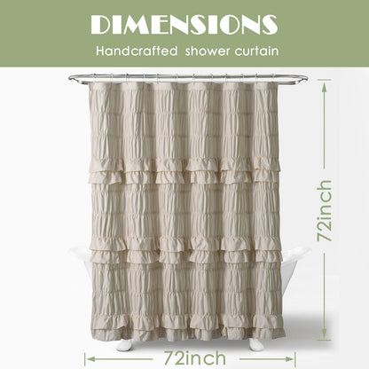 Ruffled Smocked Shower Curtain 72x72 Inch Farmhouse Shabby Chic Bathroom Decor Waterproof Fabric with Tiered Ruffles and Elastic Stretch