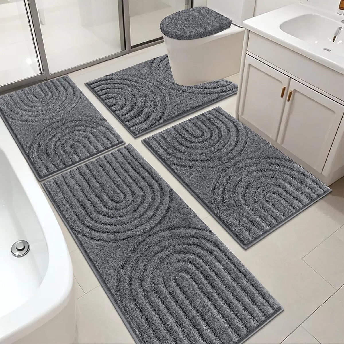 [Back to School] HEBE Washable Bathroom Rugs Sets 5 Piece, Soft Absorbent Microfiber Bath Mat for Bathroom, Non Slip Washable Bath Rug Set with Toilet Cover, Bath Runner and U-Shaped Contour Toilet Rug summerwins,home essentials
