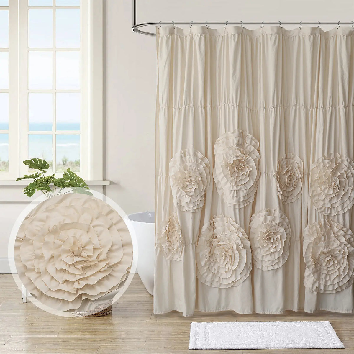 HIG Elegant  Ruffled Shower Curtain - Features Eight Bold Floral Blooms for a Timeless Boho Chic Bathroom , 72" x 72", 1 PC Floral Washable