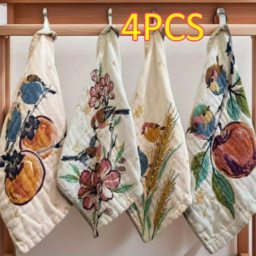 Set Of 4 Vintage Lucky Bird And Cat Towels, Soft And Multifunctional, Suitable for Family Use, Durable, Classic Towel Set with Retro Patterns, Home Towel Collection, Versatile Towel Set