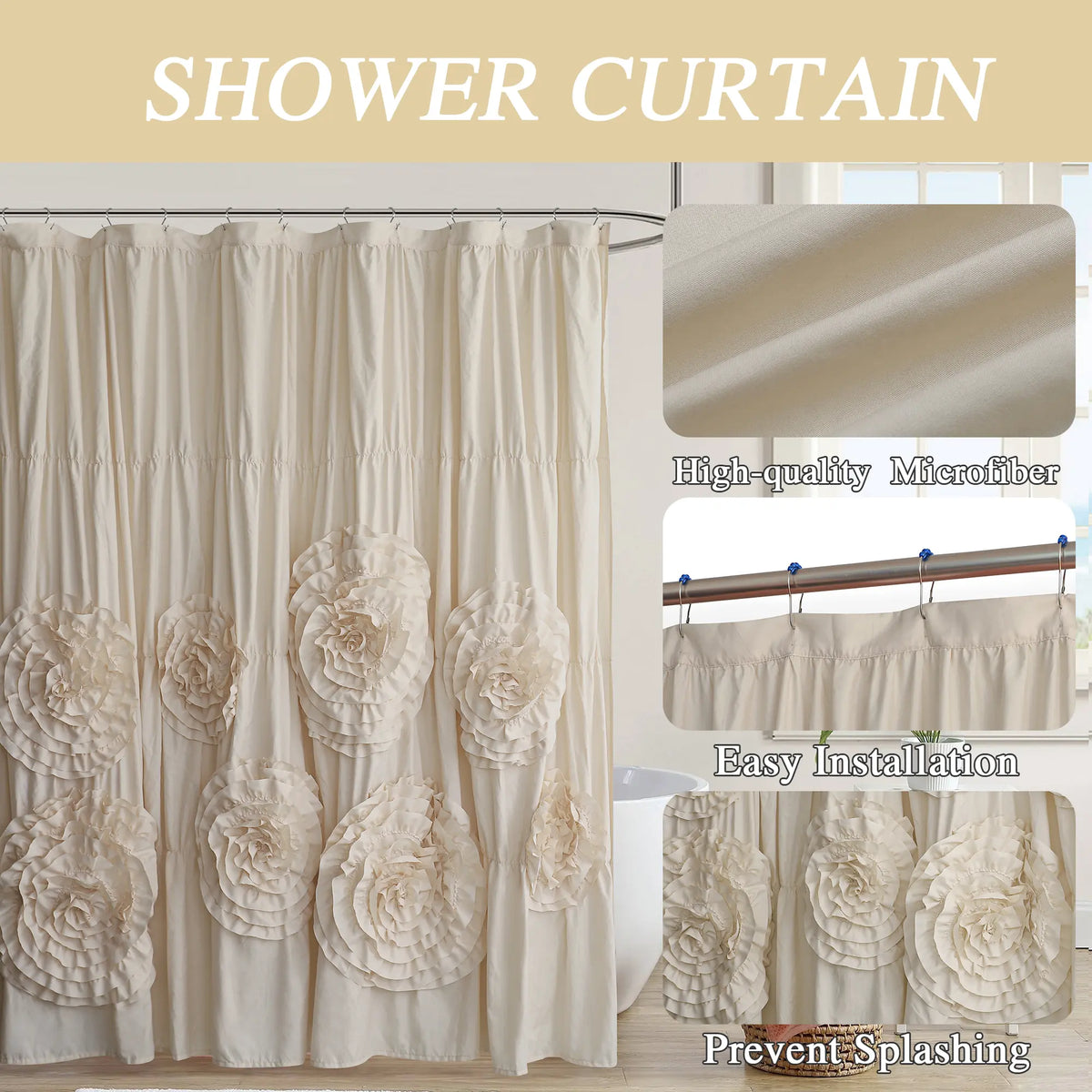 HIG Elegant  Ruffled Shower Curtain - Features Eight Bold Floral Blooms for a Timeless Boho Chic Bathroom , 72" x 72", 1 PC Floral Washable