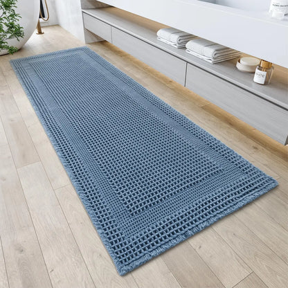 Cozy Synthetic Waffle Bath Mat - 17in x 24in Beige, Absorbent Non-Slip Modern Shower Flooring Rug, Machine Washable Ultra-Soft Boho Tasseled Bathroom Rug