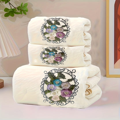 3pcs Embroidered Flower Towel Set, 2 Towels and 1 Bath Towel, Soft Absorbent Household Bath Towel, Bathroom Bath Towel, Face Towel, Towel, Soft and Skin-friendly Suitable for Home Use, Bathing, Seaside Bath Towel.