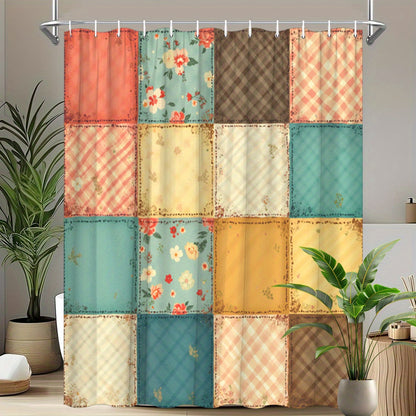1pc Patchwork Shower Curtain with 16 Square Patches - Floral Plaid And Striped Designs, Durable Polyester Fabric, Machine Washable, 70.8X70.8 Inch Bathroom Decor with 12 Hooks, Shower Curtain for Bathrooms, Easy Maintenance, Home Decoration, Modern