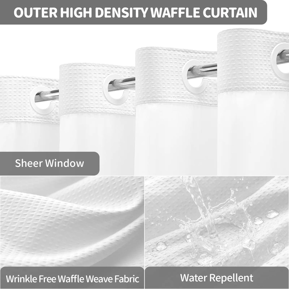 DYNAMENE Premium No-Hook Washable Waffle Weave Shower Curtain Set, Heavy-Duty Double Layer with Snap-In Detachable Waterproof Liner & Mesh Window, Contemporary Matte Finish Bathroom Accessory for Hotel-Inspired Bathroom Look