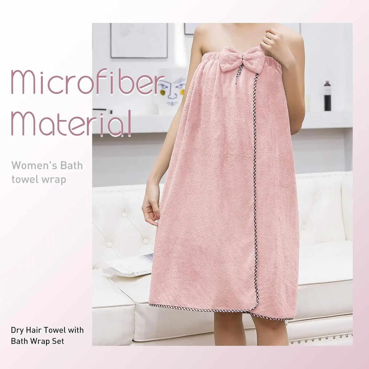 Female 2-Pcs Microfiber Bathroom Towel Bath Wrap - Adjustable Velcro, Premium Bath Towels, Synthetic Super Absorbent for Quick Drying Hair & Body, Pink (Suitable for Shower, Spa)