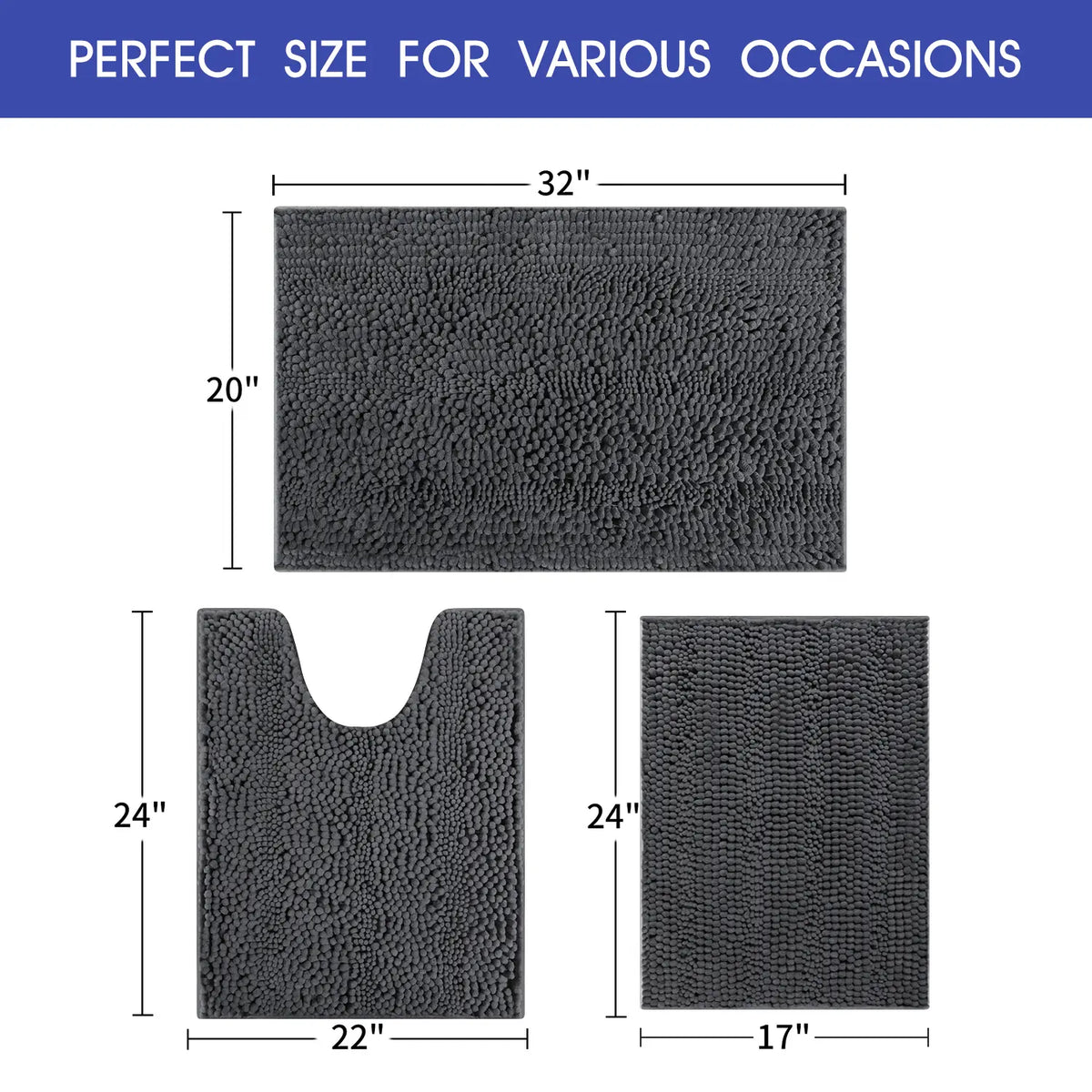 ACCUMTEK Striped Bathroom Rug Set Ultra Soft, Non Slip Chenille Toilet Mat, Absorbent Plush Shaggy Bath Mats for Bathroom, Bedroom, Kitchen