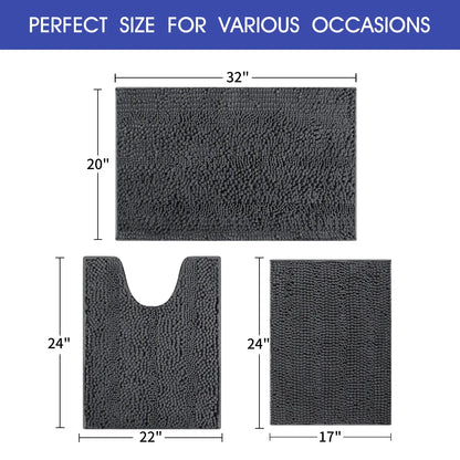ACCUMTEK Striped Bathroom Rug Set Ultra Soft, Non Slip Chenille Toilet Mat, Absorbent Plush Shaggy Bath Mats for Bathroom, Bedroom, Kitchen