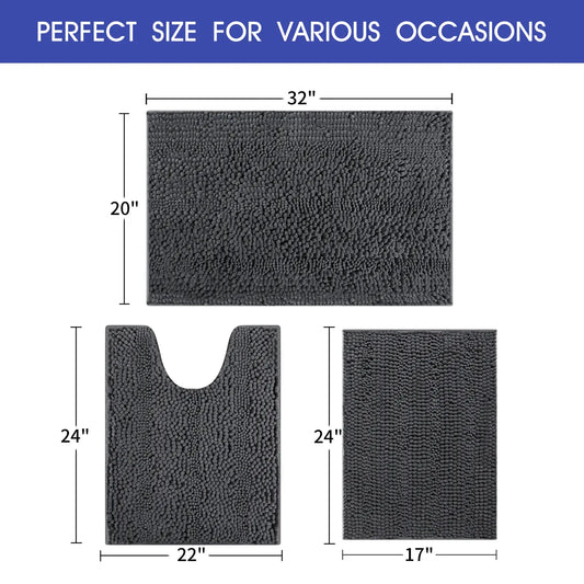 ACCUMTEK Striped Bathroom Rug Set Ultra Soft, Non Slip Chenille Toilet Mat, Absorbent Plush Shaggy Bath Mats for Bathroom, Bedroom, Kitchen