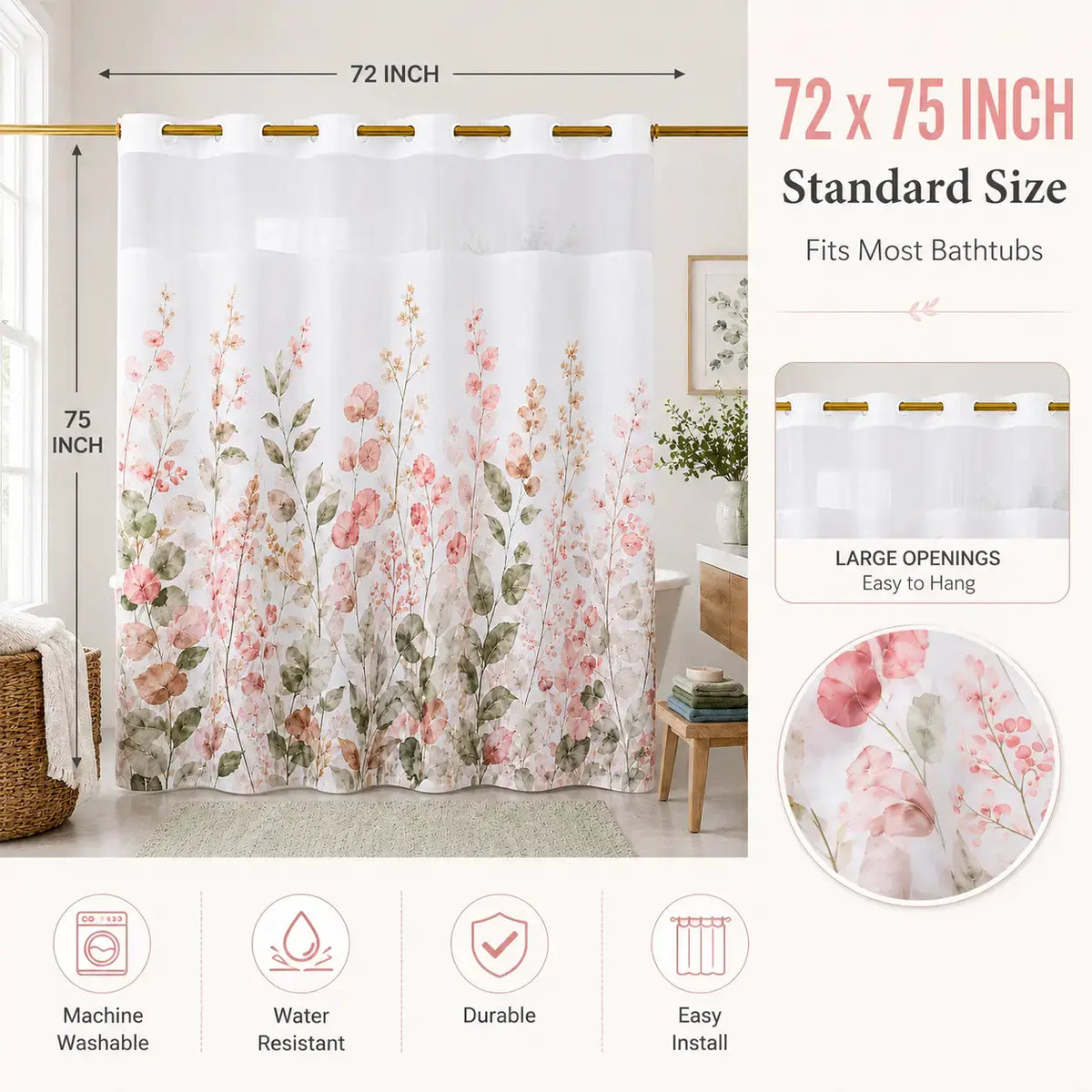 Hookless Shower Curtain Set with Snap-in Liner, Pink Double Layer Floral Botanical Design, Sheer Top Window, 72x75 Inch Waterproof Washable Bathroom Curtain,