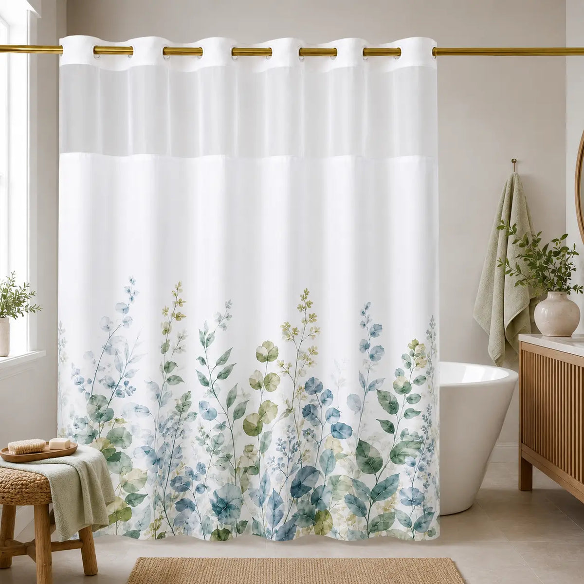 Hookless Shower Curtain Set with Snap-in Liner, Pink Double Layer Floral Botanical Design, Sheer Top Window, 72x75 Inch Waterproof Washable Bathroom Curtain,