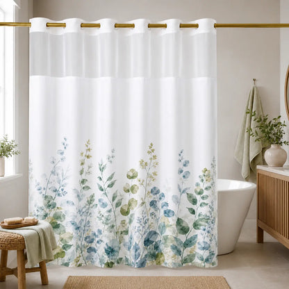 Hookless Shower Curtain Set with Snap-in Liner, Pink Double Layer Floral Botanical Design, Sheer Top Window, 72x75 Inch Waterproof Washable Bathroom Curtain,