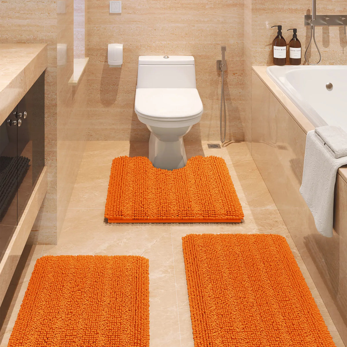 ACCUMTEK Striped Bathroom Rug Set Ultra Soft, Non Slip Chenille Toilet Mat, Absorbent Plush Shaggy Bath Mats for Bathroom, Bedroom, Kitchen