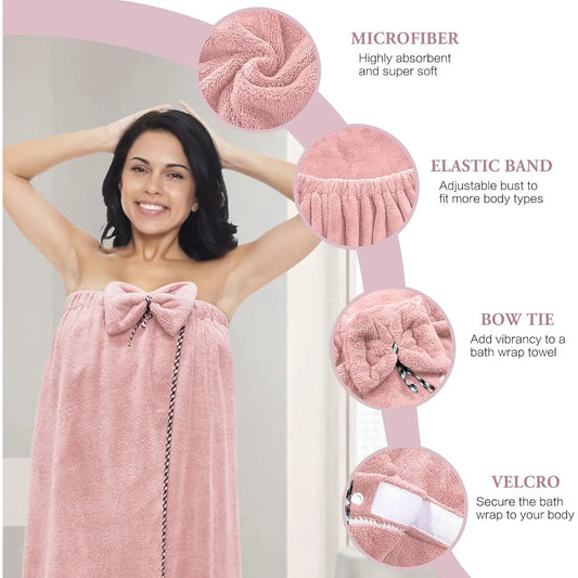 Female 2-Pcs Microfiber Bathroom Towel Bath Wrap - Adjustable Velcro, Premium Bath Towels, Synthetic Super Absorbent for Quick Drying Hair & Body, Pink (Suitable for Shower, Spa)