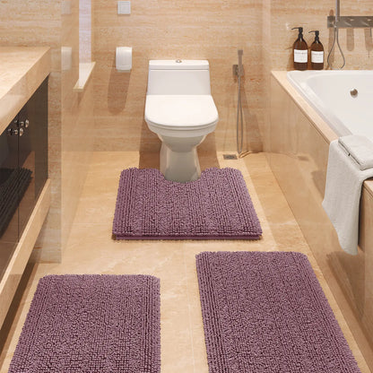 ACCUMTEK Striped Bathroom Rug Set Ultra Soft, Non Slip Chenille Toilet Mat, Absorbent Plush Shaggy Bath Mats for Bathroom, Bedroom, Kitchen