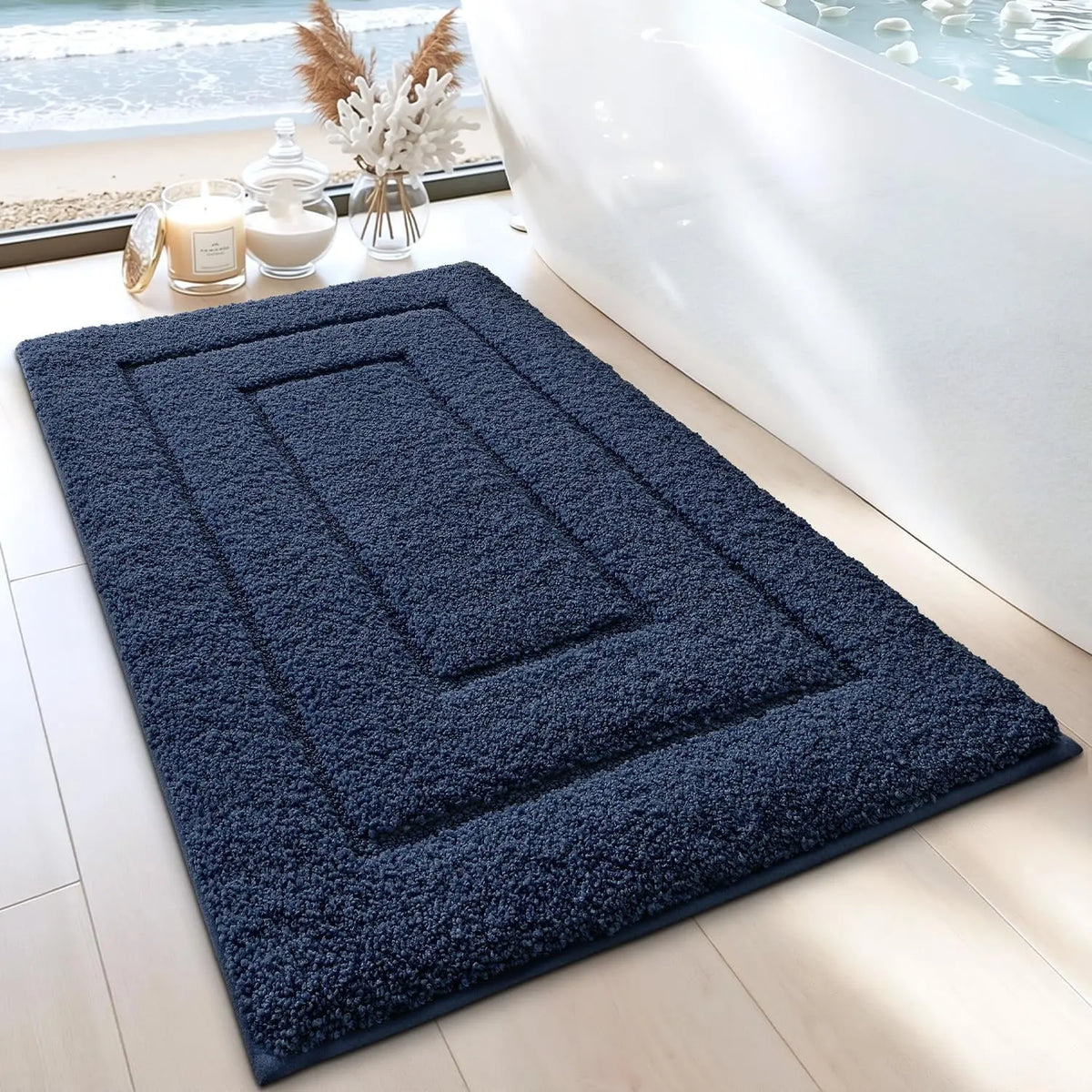 DEXI Bathroom Rug (24x16in), Non-Slip Machine Washable Bath Mat with Rubber Backing, Absorbent Soft Quick-Dry Microfiber Shaggy Indoor Shower Floor Rug, Beige, Machine Washable Rugs,back to school,dorm essentials,home decor,home essentials