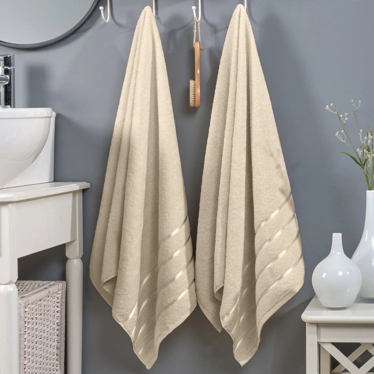 Mocassi Fluffy Thick 2-Pack Premium Turkish Cotton 4-Line Stripe Bath Towel Set, Absorbent Breathable Water-Absorbent Body Towels, 27x54 in