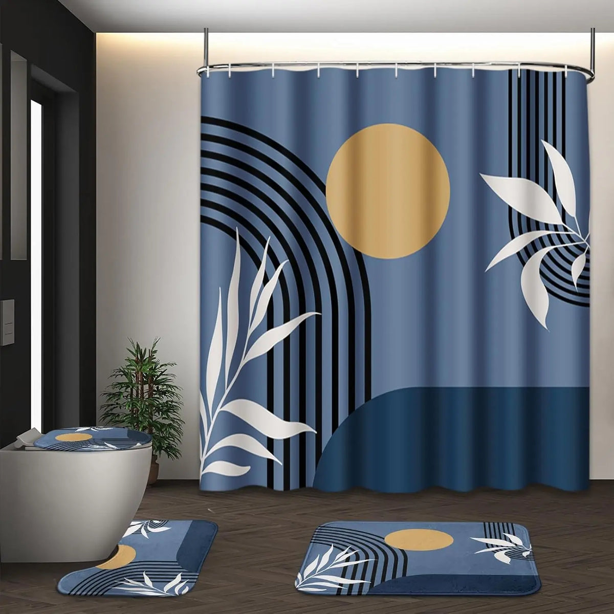 Boho Mid Century Shower Curtain Set with Toilet Lid Cover and Non-Slip Rugs, Abstract Geometric Modern Minimalist Shower Curtain for Bathroom Set with 12 Hooks