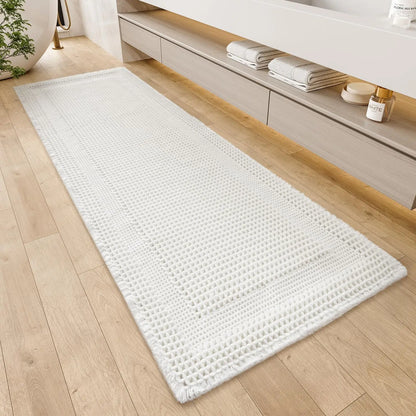 Cozy Synthetic Waffle Bath Mat - 17in x 24in Beige, Absorbent Non-Slip Modern Shower Flooring Rug, Machine Washable Ultra-Soft Boho Tasseled Bathroom Rug