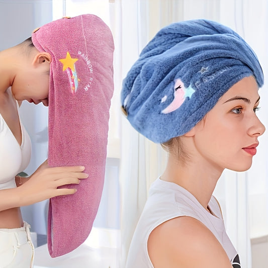 [Quick-Drying Microfiber Towel] Women's Random Color Quick-Drying Microfiber Towel - Soft Coral Fleece, High-Quality Design, Absorbent Bath Towel, with Cute Star And Rainbow Embroidery, for Drying Wet Hair, Microfiber Towel