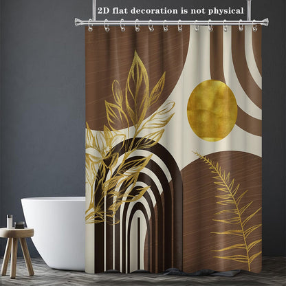 2D Flat, 2D Flat Banner Boho Mid Century Modern Shower Curtain Black and Brown Shower Curtains for Bathroom Decor Beige and Dark Tan Golden Leaves Abstract Bath Curtain Set, 70.8x70.8 Inch, 2D Flat