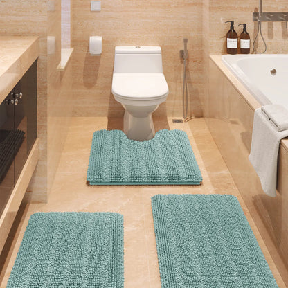 ACCUMTEK Striped Bathroom Rug Set Ultra Soft, Non Slip Chenille Toilet Mat, Absorbent Plush Shaggy Bath Mats for Bathroom, Bedroom, Kitchen