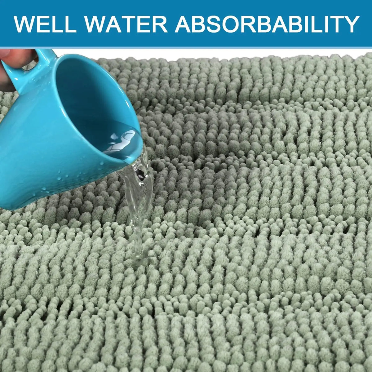 Minimal Aesthetic Striped Chenille Bathroom Rug Set - Sage Rectangle, Anti-Slip Border, Plush Extra Thick, Modern Highly Absorbent Fuzzy Bath Mats for Tub, Nonslip Home Bathroom Supplies