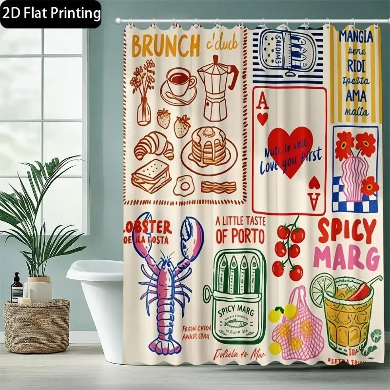 1pc 2D Flat Printing Hand-Drawn Graffiti Printed Shower Curtain, Unique Bathroom Decor, 12 Hooks, Boho Style, Paisley Pattern, Curtains