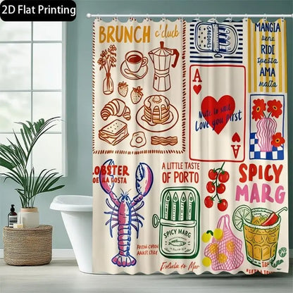 1pc 2D Flat Printing Hand-Drawn Graffiti Printed Shower Curtain, Unique Bathroom Decor, 12 Hooks, Boho Style, Paisley Pattern, Curtains