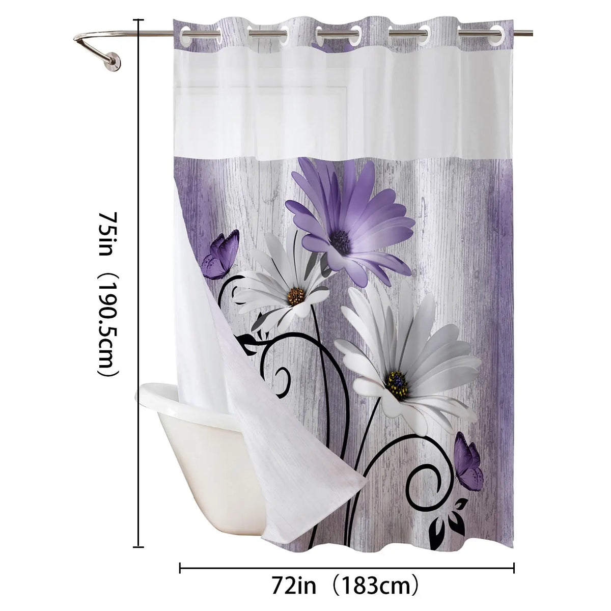 No hooks double-layer Daisy printed shower curtain, Waterproof fabric,Modern style home decoration, hotel, dormitory and bathroom accessories, 72x75in