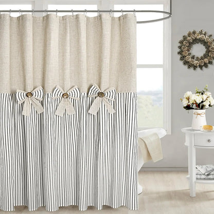 Grey Farmhouse Pleated Stripe Shower Curtain - French Country Ticking Stripe Cotton Blend Fabric, Bowknot Accents, Textural Design, 72w x 78l (Pack of 1), 12 Button Holes, Bathroom Use, Cold Wash, Rustic Decor, Easy Installation
