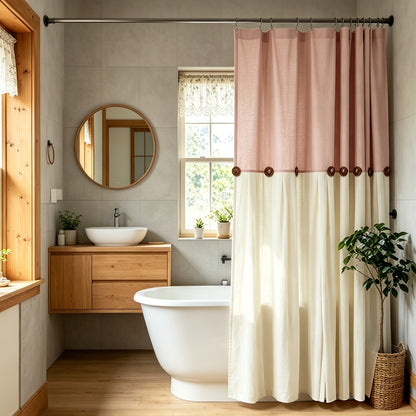 1pc Hand-Pleated Patchwork Shower Curtain with Buttons, 72 X 72 Inches, Door Curtain