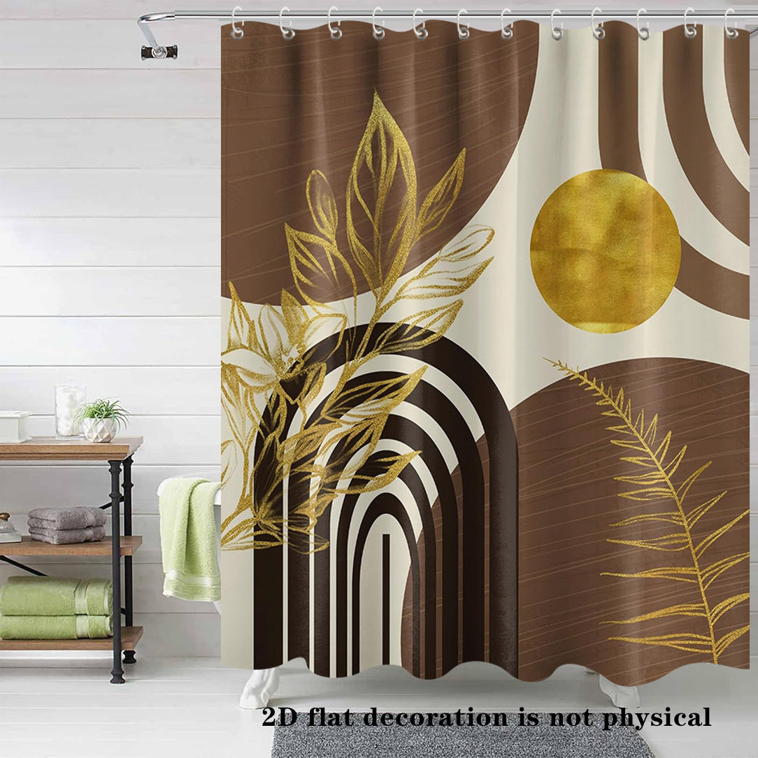 2D Flat, 2D Flat Banner Boho Mid Century Modern Shower Curtain Black and Brown Shower Curtains for Bathroom Decor Beige and Dark Tan Golden Leaves Abstract Bath Curtain Set, 70.8x70.8 Inch, 2D Flat